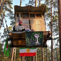 February 29, 2024, Brandenburg, Grünheide: An activist from the 'Stop Tesla' initiative sits on a tree house in a pine forest near the Tesla Gigafactory Berlin-Brandenburg plant. (Source: dpa/P.Pleul)