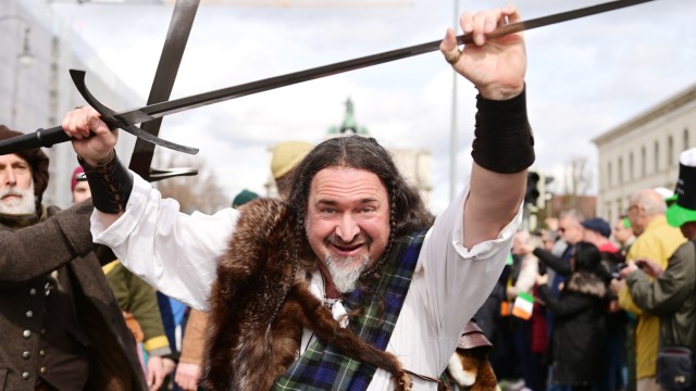 Irish National Day: Men with furs and swords also marched in the parade.