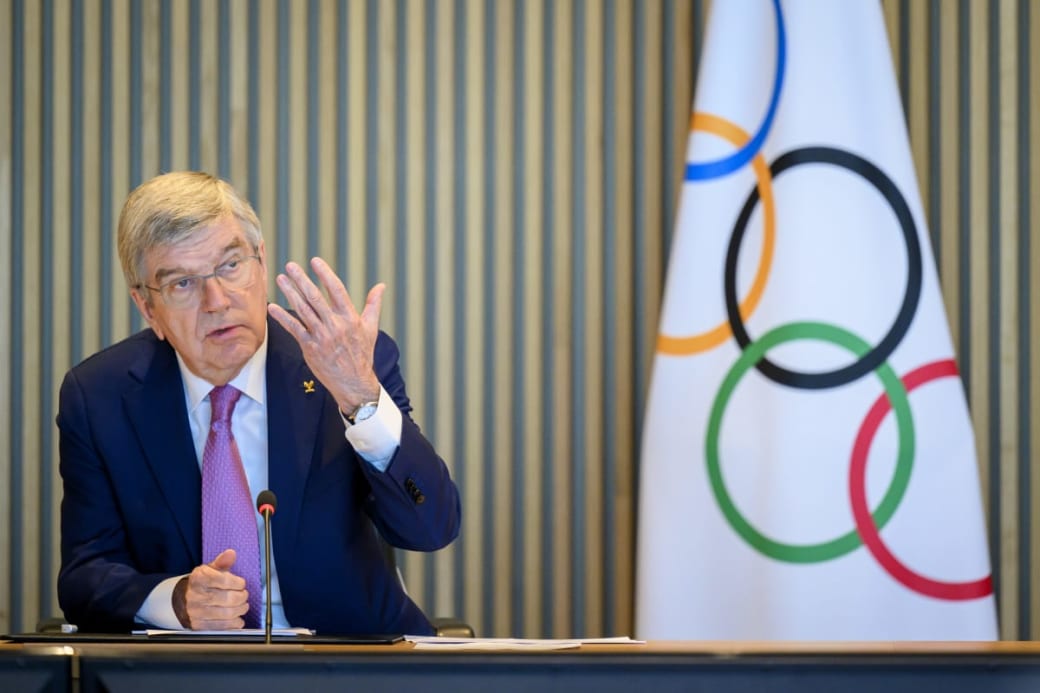 Thomas Bach, President of the International Olympic Committee, speaks at the opening of the Executive Board meeting of the International Olympic Committee (IOC) at the Olympic House in Lausanne.  Photo: Laurent Gillieron/KEYSTONE/dpa