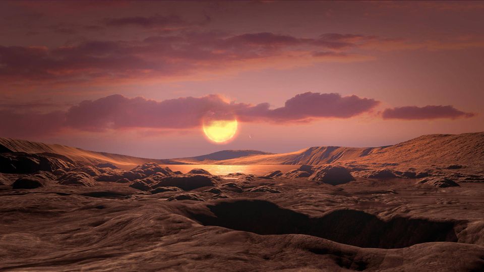 Artist's impression of a planet's surface with reddish rocks