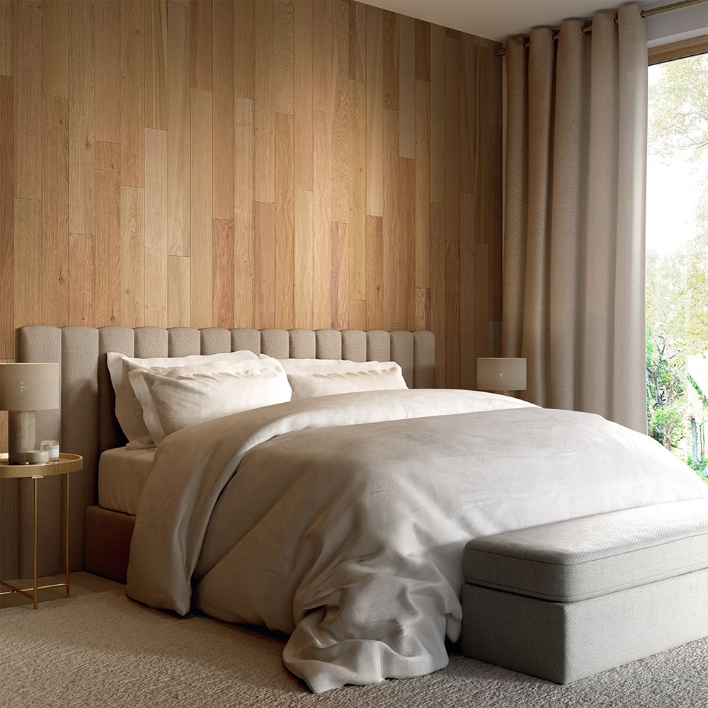 Adhesive paneling strips for a warm wood effect wall