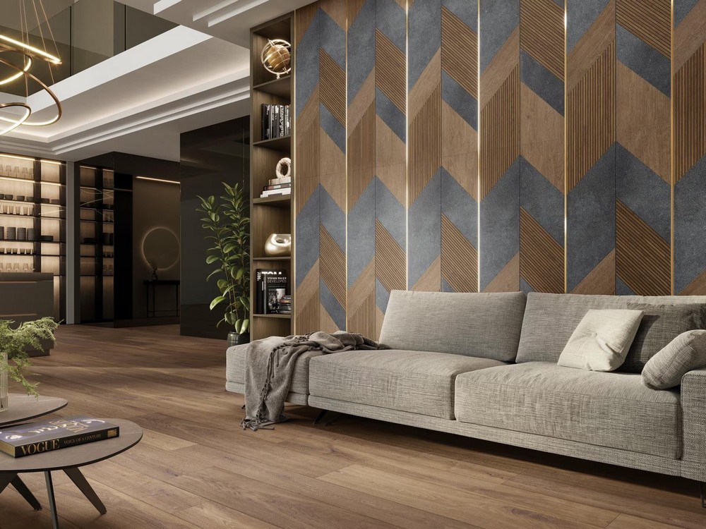 Combine imitation wood and stone tiles to spruce up the walls