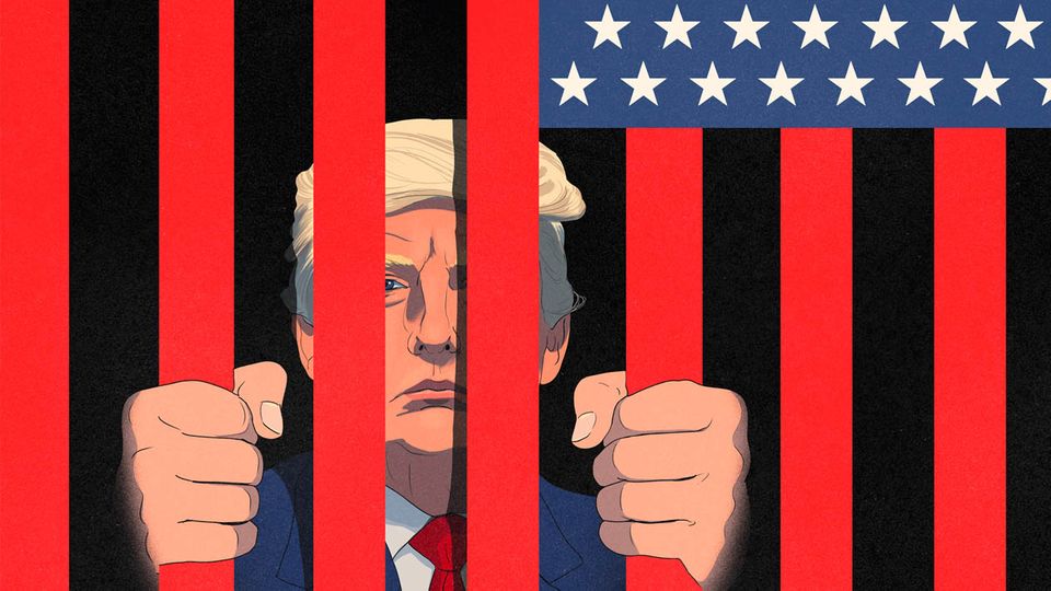 Illustration of Donald Trump behind red bars of the American flag