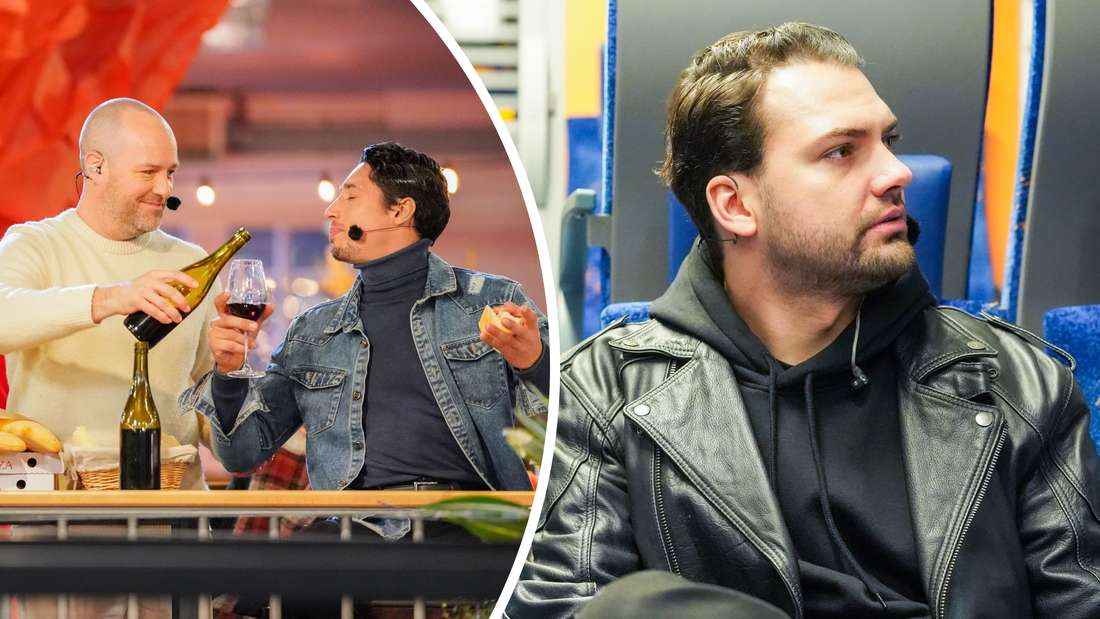 RTL mit „Die Passion“ 2024 in Kassel: Jesus (Ben Blümel, l.) schenkt einem Jünger (René Casselly, m.) Wein ein und Judas (Jimi Blue Ochsenknecht, r.) sitzt in einem Zug. 