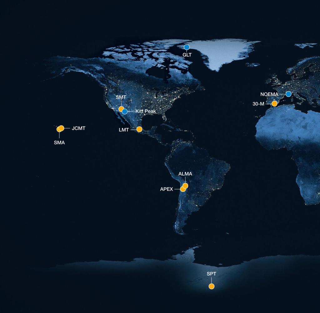 The global map shows the radio observatories that make up the Event Horizon Telescope network