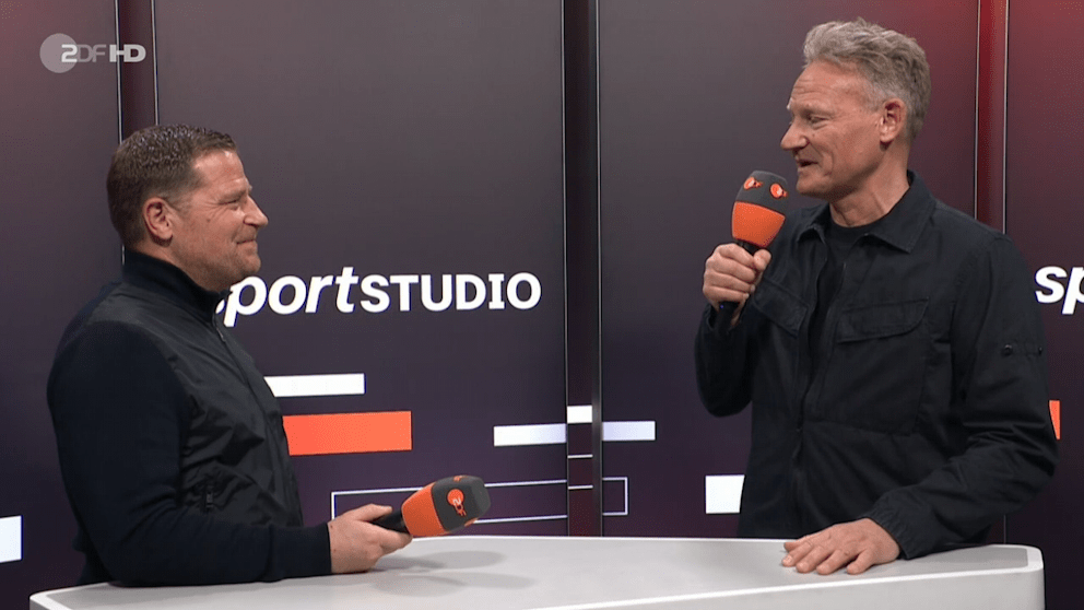 Max Eberl (l.) im Aktuellen Sportstudio im Gespräch mit ZDF-Reporter Boris Büchler