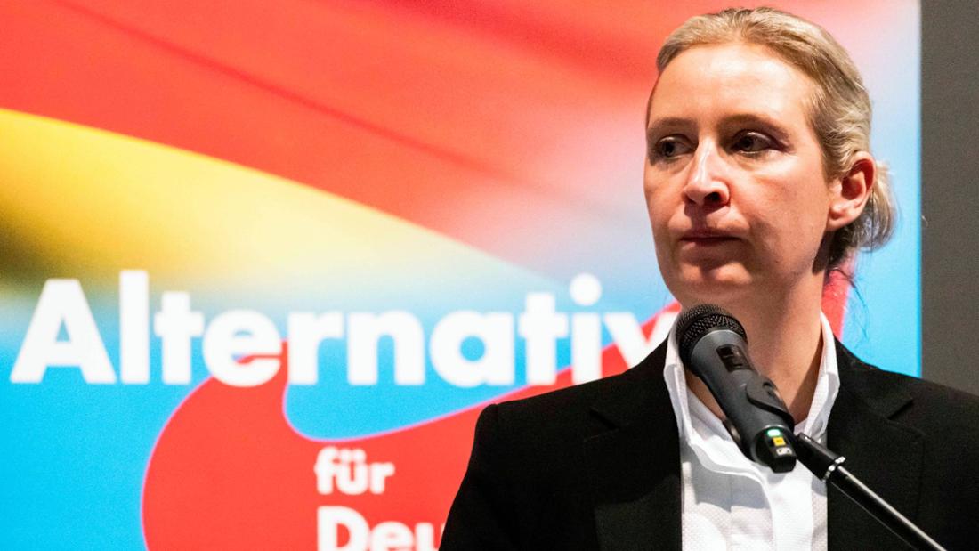 Alice Weidel stands at a microphone and pinches her lips together