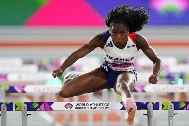 Cyrena Samba-Mayela during the 60 meter hurdles semi-final of the World Indoor Athletics Championships in Glasgow, Scotland, March 3, 2024.