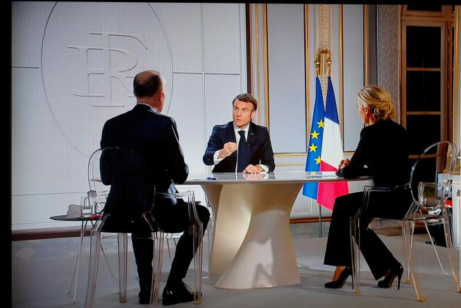 Video capture of Emmanuel Macron's interview on support for Ukraine, at the Elysée, in Paris, March 14, 2023.