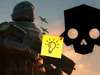 On the left stands a Helldiver from Helldivers 2 and looks heroically into the air.  On the right is a skull with a post-it note.