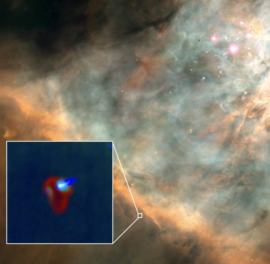 Hubble image of the Orion Nebula and zoom with the James Webb Space Telescope (JWST) on the proto-planetary system d203-506