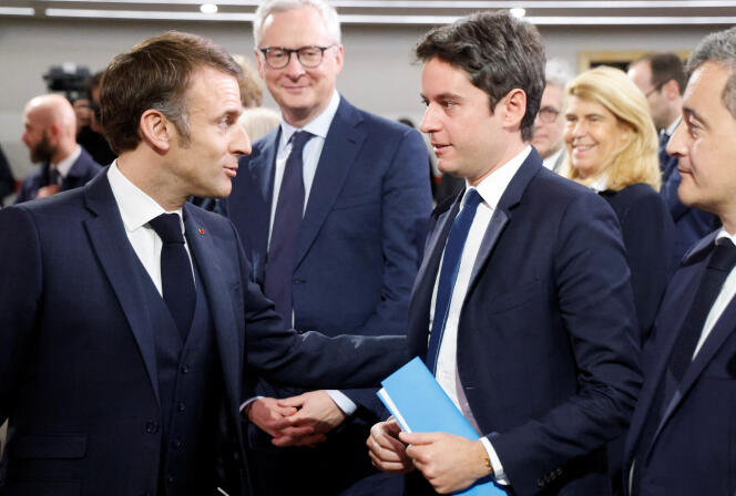 Emmanuel Macron, Gabriel Attal and Bruno Le Maire, during a meeting with senior officials in Paris, March 12, 2024.
