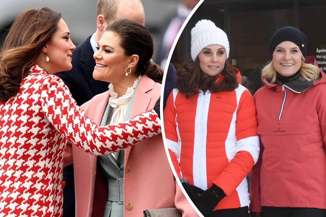 Left Princess Kate and Princess Victoria 2018 in Sweden, right Kate and Princess Mette-Marit 2018 at Holmenkollen in Norway.