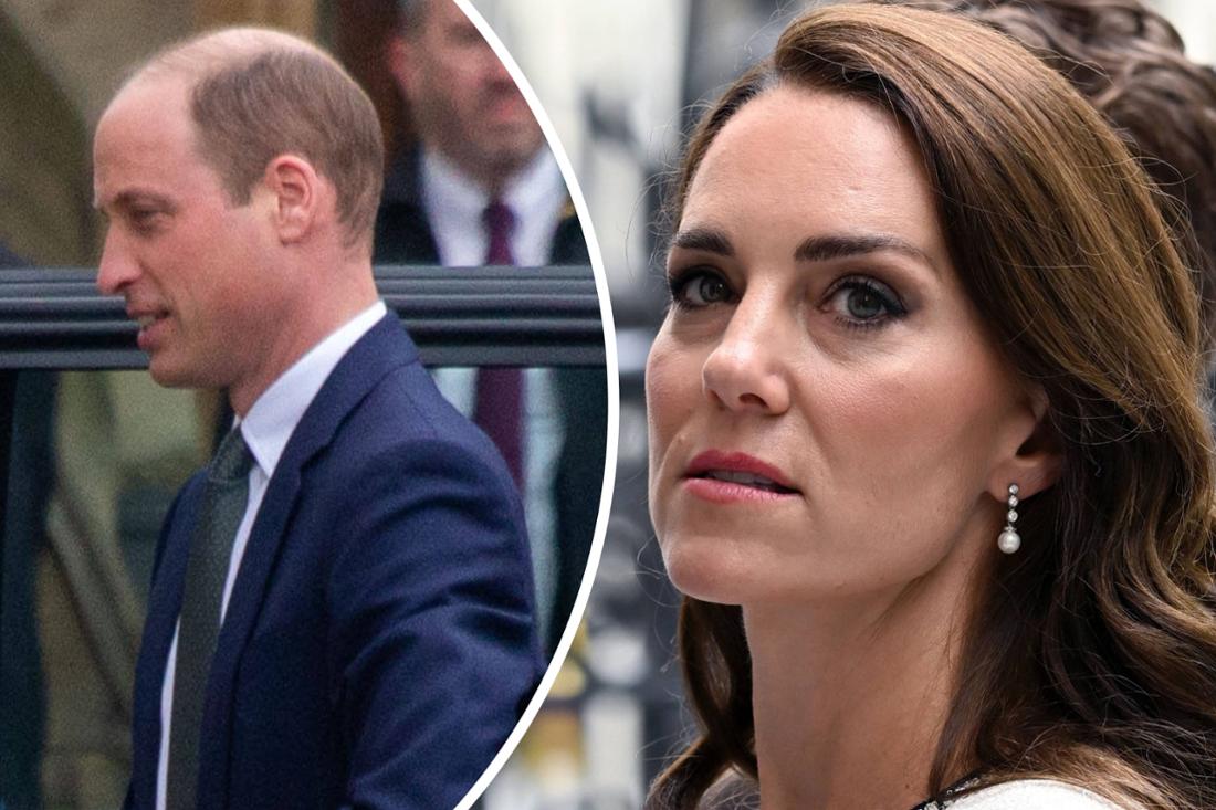 On the left, Prince William arrives at Westminster Abbey before the Commonwealth service, on the right Princess Kate arrives at the opening of the National Portrait Gallery in 2023.
