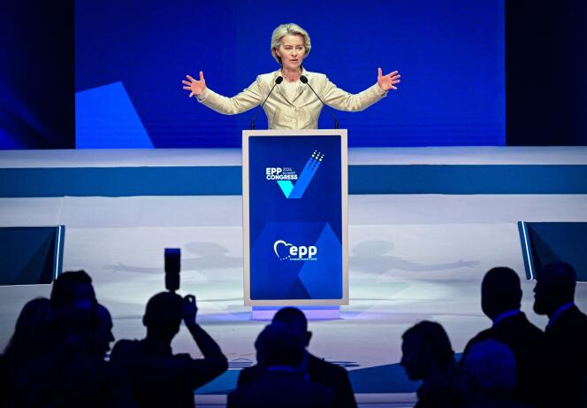 European Commission President Ursula von der Leyen addresses the public after being nominated as the European People's Party (EPP) candidate for a second term, during the conservative party congress, in Bucharest, Romania, March 7 2024. 