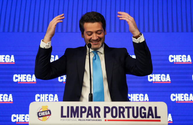 Chega party leader Andre Ventura reacts after the results of the legislative elections, in Lisbon, March 11, 2024.