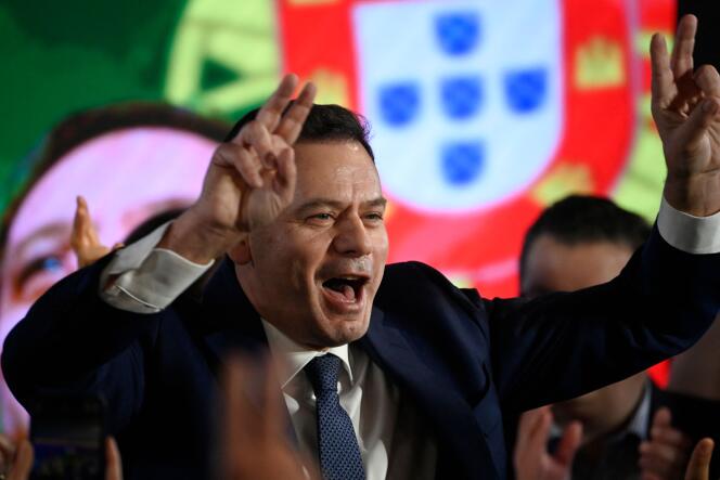 Democratic Alliance leader Luis Montenegro celebrates his party's victory in Lisbon on March 10, 2024.