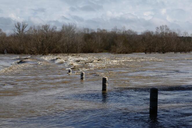 A bridge submerged by the Gard in flood, in Dions, March 10, 2024.
